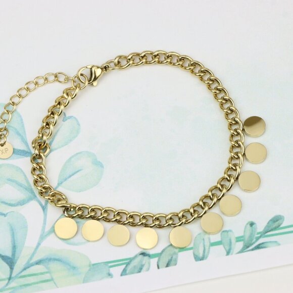Chic Yellow Gold Bracelet with Round Disc Charms and Adjustable, XPBL0714 - Picture 6 of 12